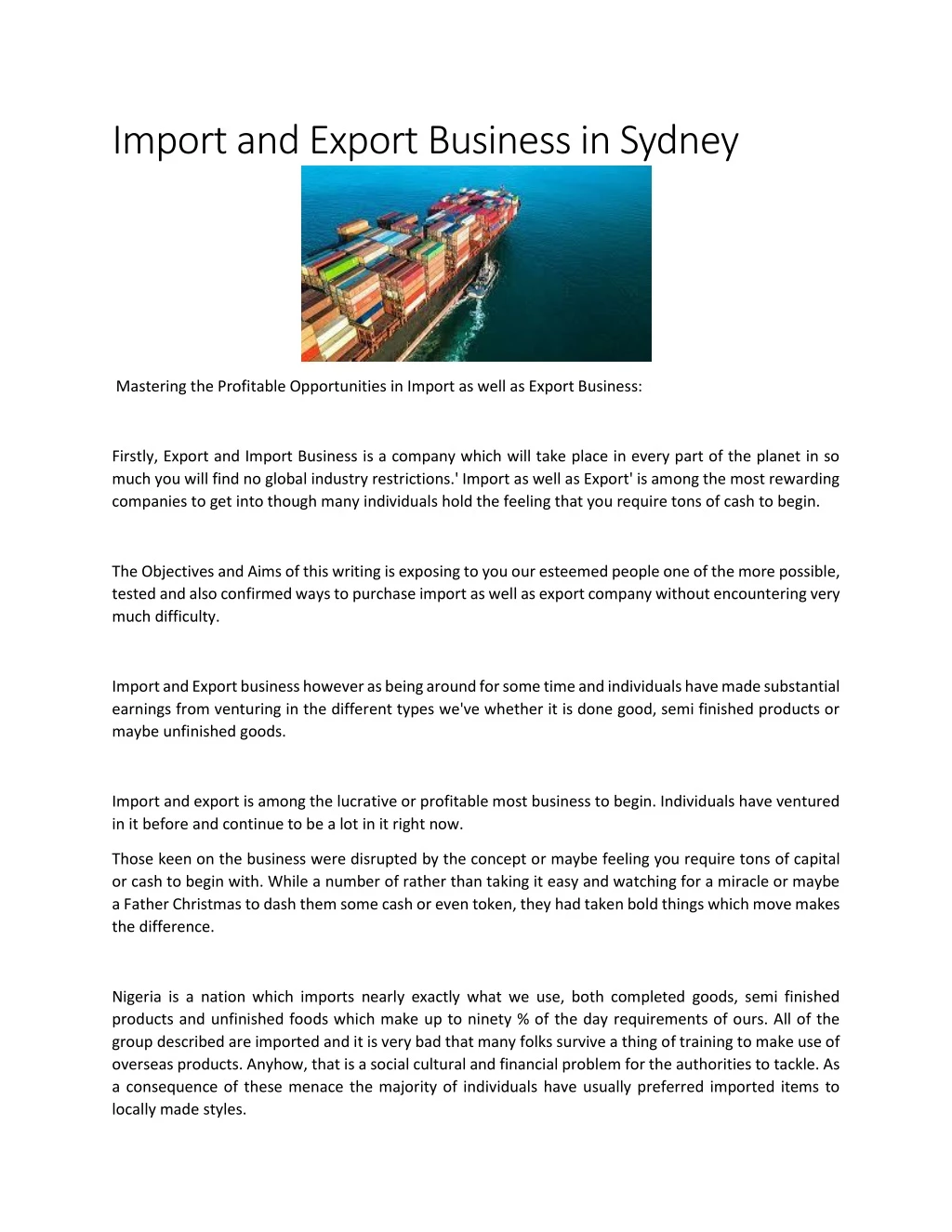 import and export business in sydney