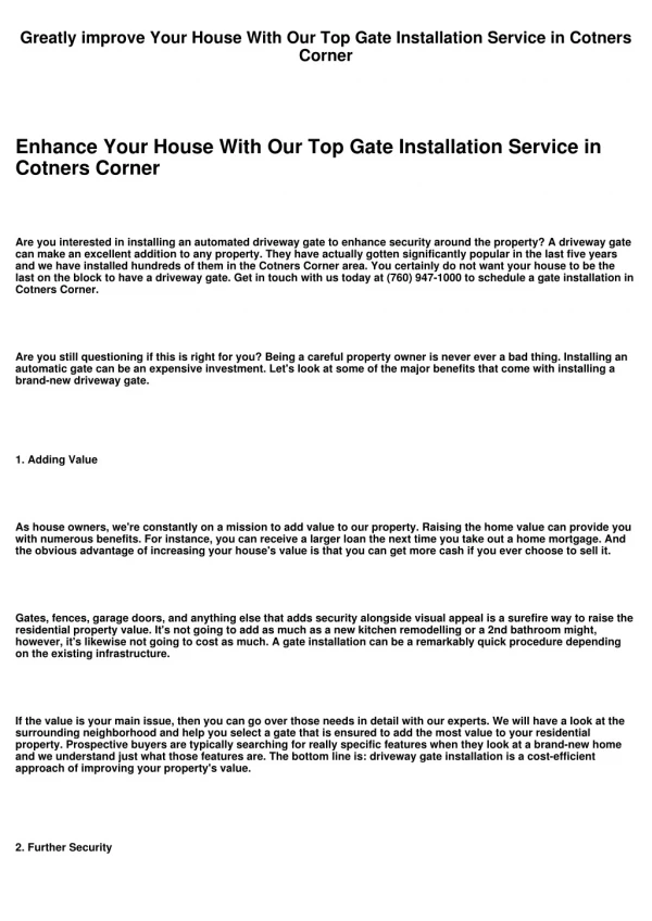 Greatly improve Your House With Our Top-quality Gate Installation Service in Cotners Corner