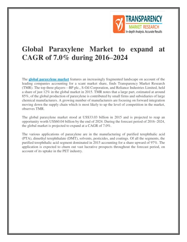 global paraxylene market to expand at cagr