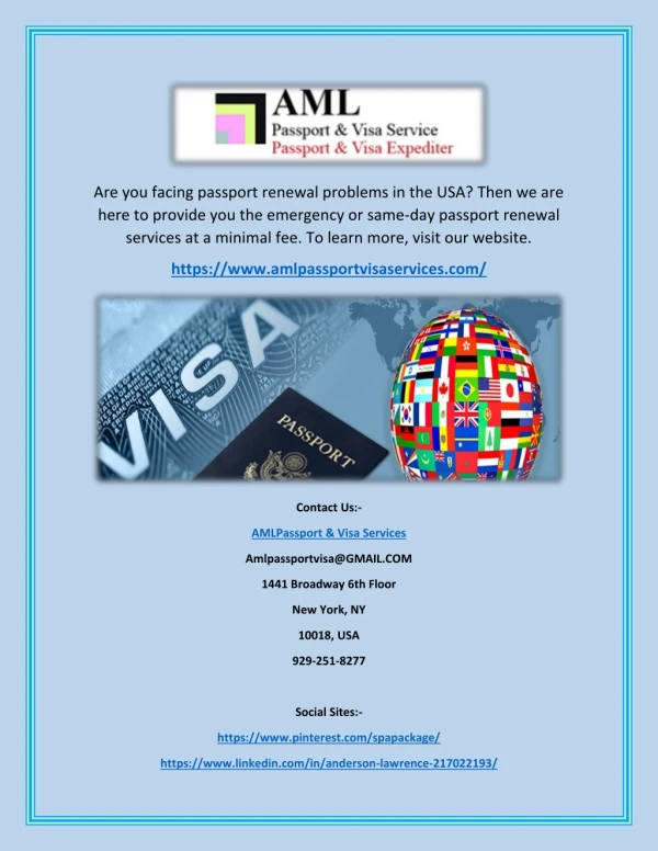 US Passport Renewal Sameday - Amlpassportvisaservices.com