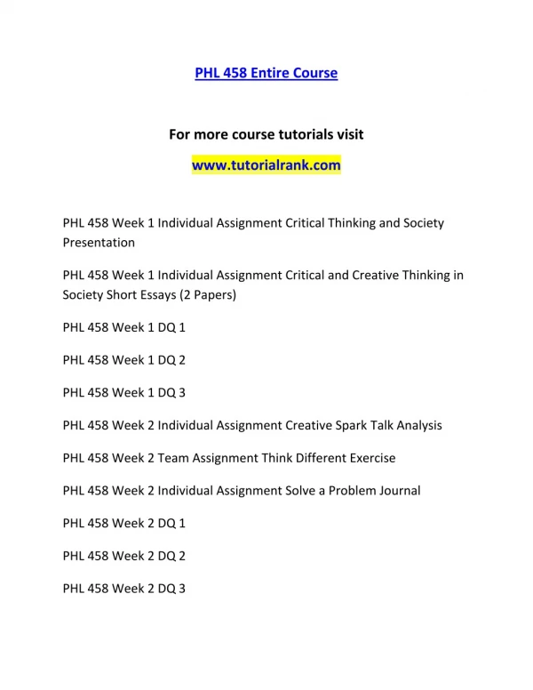 PHL 458 Enhance teaching/tutorialrank.com