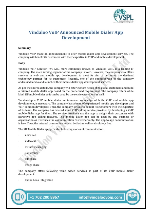 vindaloo voip announced mobile dialer