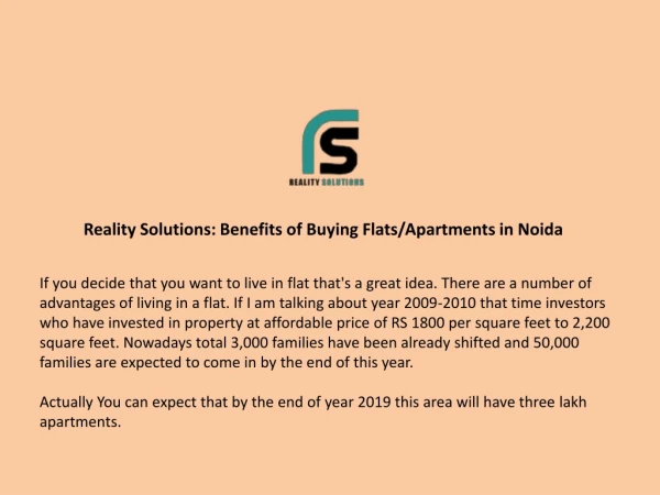 Reality Solutions: Benefits of Buying Flats/Apartments in Noida