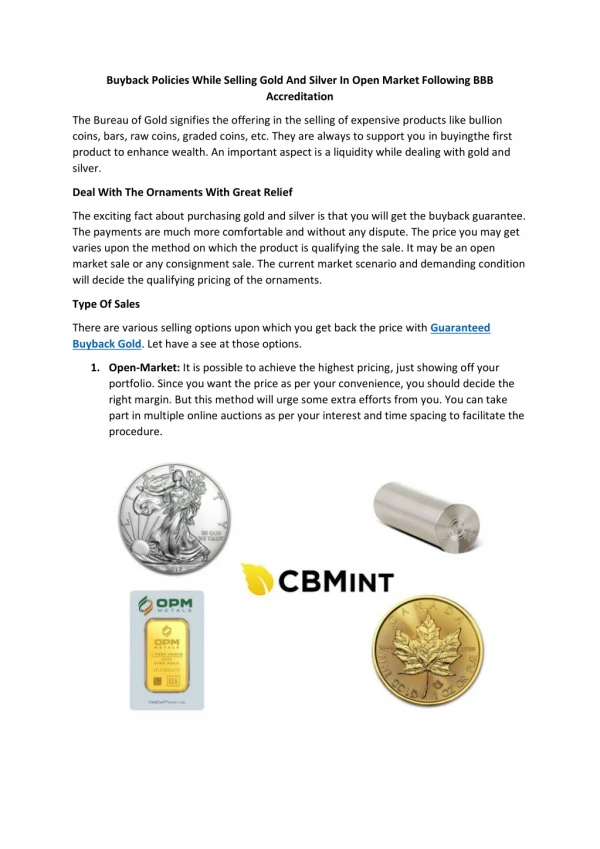 Buyback Policies While Selling Gold And Silver In Open Market Following BBB Accreditation