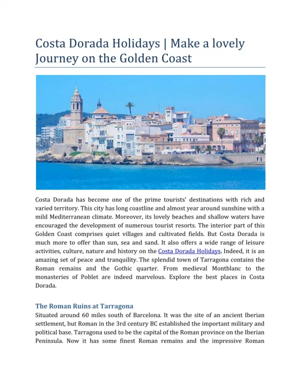 Costa Dorada Holidays | Make a lovely Journey on the Golden Coast