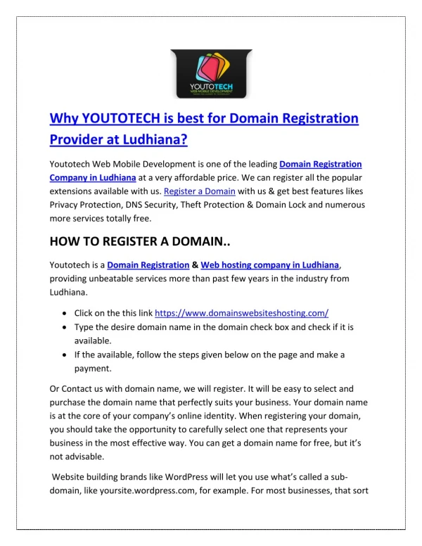 Why YOUTOTECH is best for Domain Registration Provider at Ludhiana?