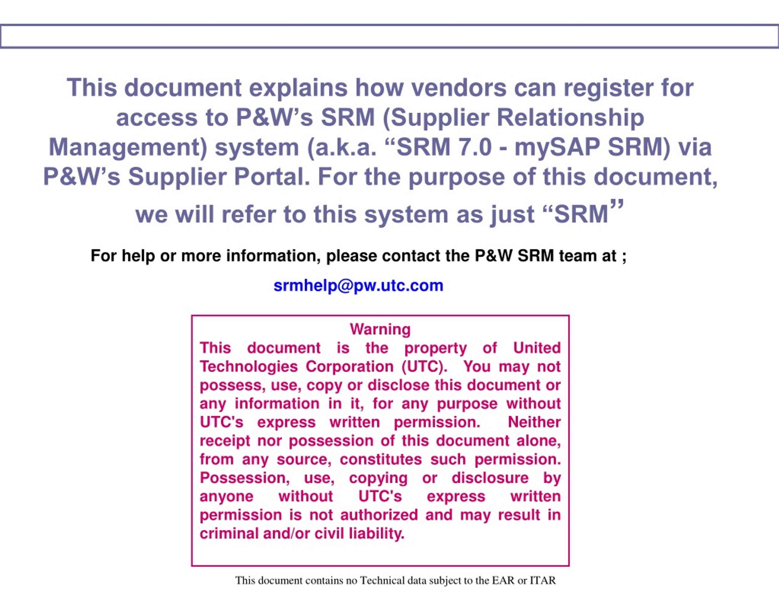 Vendor Registration Guide for P&W SRM System - slide 1