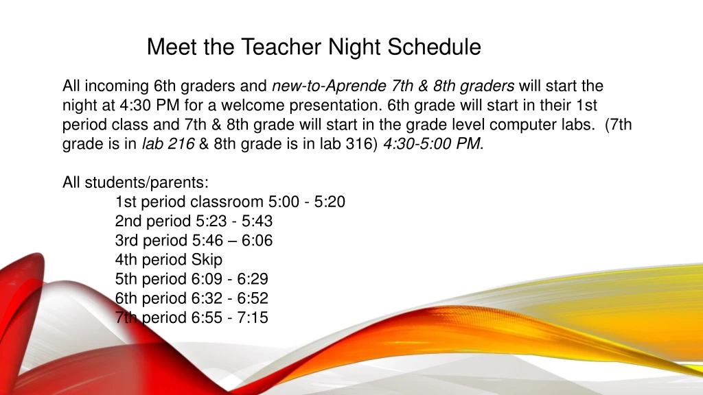 meet the teacher night schedule all incoming