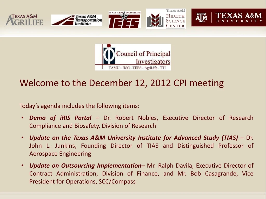 welcome to the december 12 2012 cpi meeting today