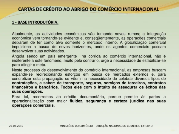 CARTAS  DE CRÉDITO AO ABRIGO DO COMÉRCIO INTERNACIONAL