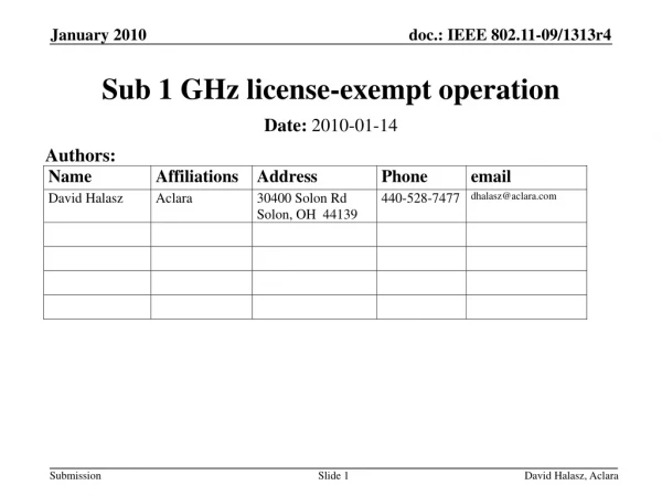 Sub 1 GHz license-exempt operation