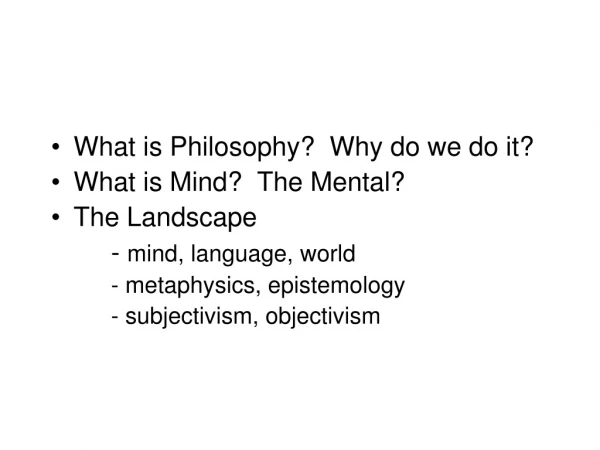 What is Philosophy?  Why do we do it? What is Mind?  The Mental? The Landscape