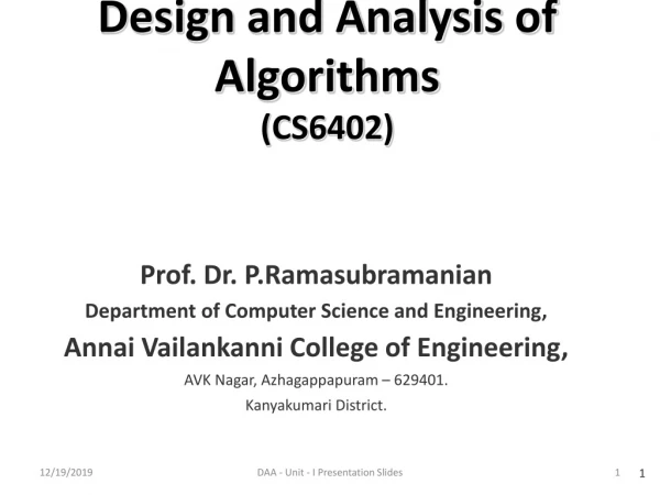 Design and Analysis of Algorithms (CS6402)
