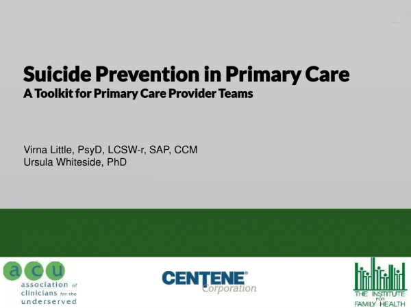 Suicide Prevention in Primary Care A Toolkit for Primary Care  Provider Teams