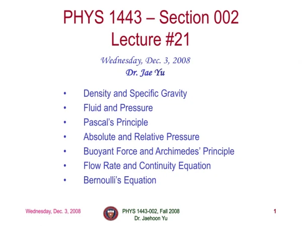 PHYS 1443 – Section 002 Lecture #21