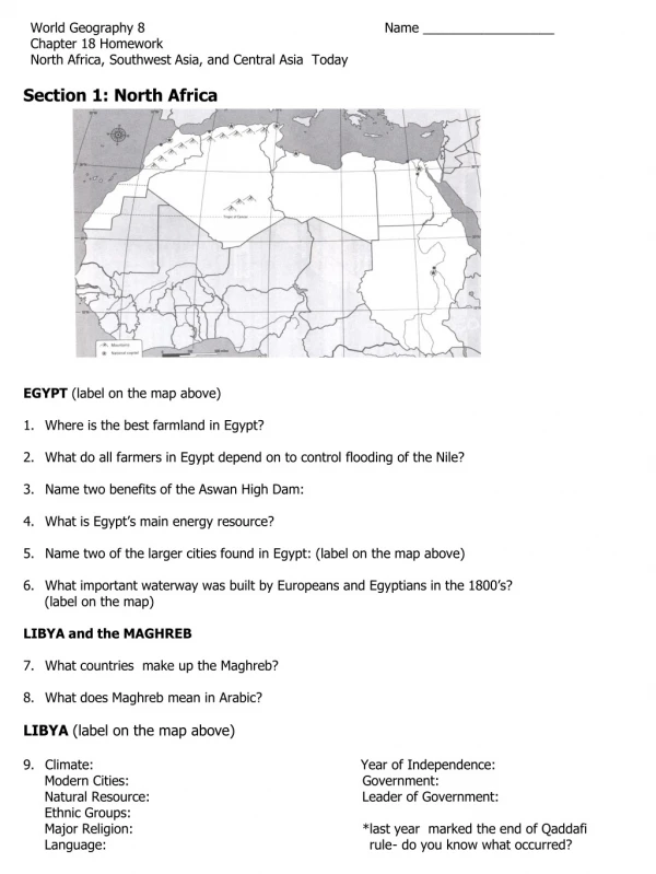 World Geography 8			 Name __________________		                   Chapter 18 Homework