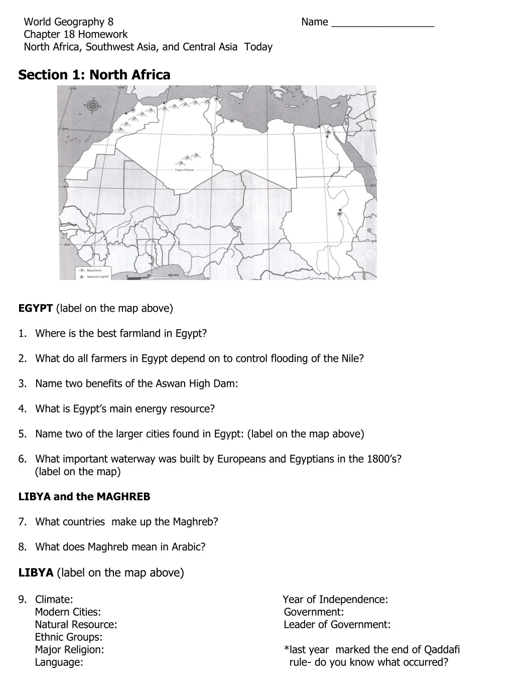 world geography 8 name chapter 18 homework north