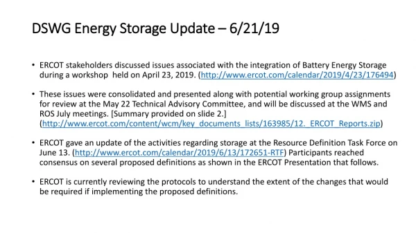 DSWG Energy Storage Update – 6/21/19