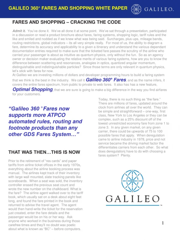 GALILEO 360° FARES AND SHOPPING WHITE PAPER