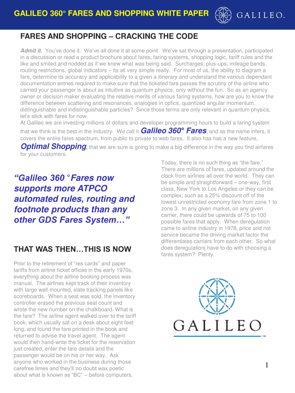 galileo 360 fares and shopping white paper