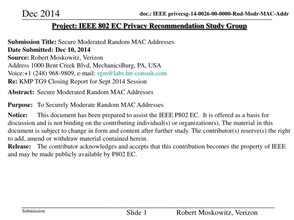 Project: IEEE 802 EC Privacy Recommendation Study Group