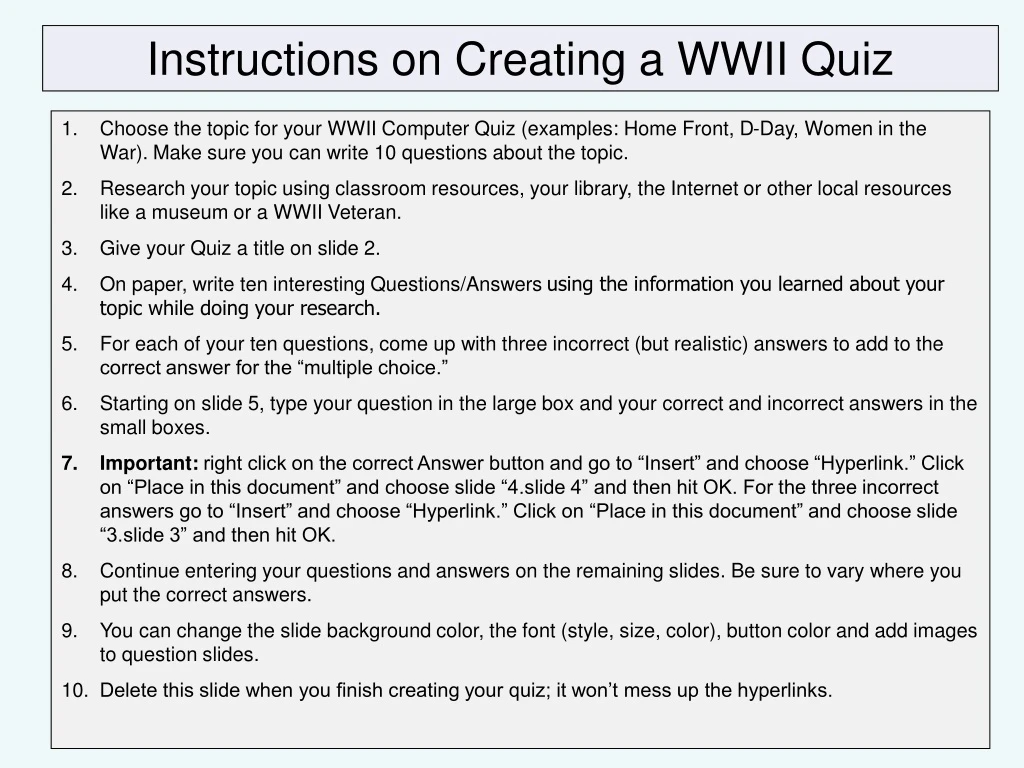 instructions on creating a wwii quiz