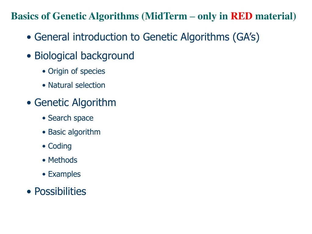 basics of genetic algorithms midterm only