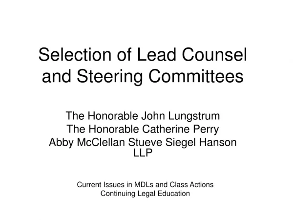 Selection of Lead Counsel and Steering Committees