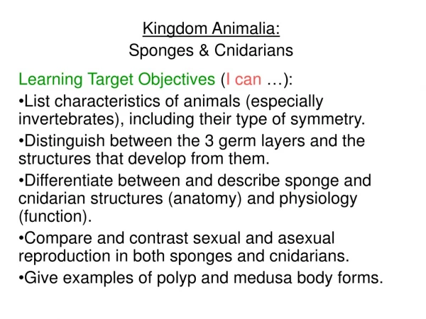 Kingdom Animalia: Sponges &amp; Cnidarians Learning Target Objectives  ( I can  …):