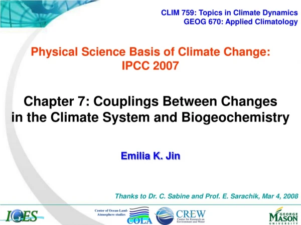 Physical Science Basis of  Climate Change :  IPCC 2007