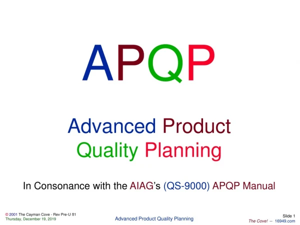 A P Q P Advanced  Product Quality Planning In Consonance with the  AIAG ’s (QS-9000)  APQP Manual