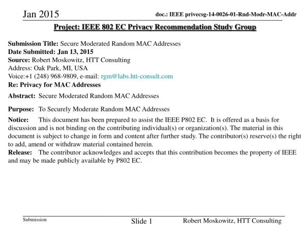 Project: IEEE 802 EC Privacy Recommendation Study Group