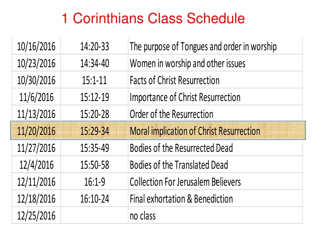 1 corinthians class schedule