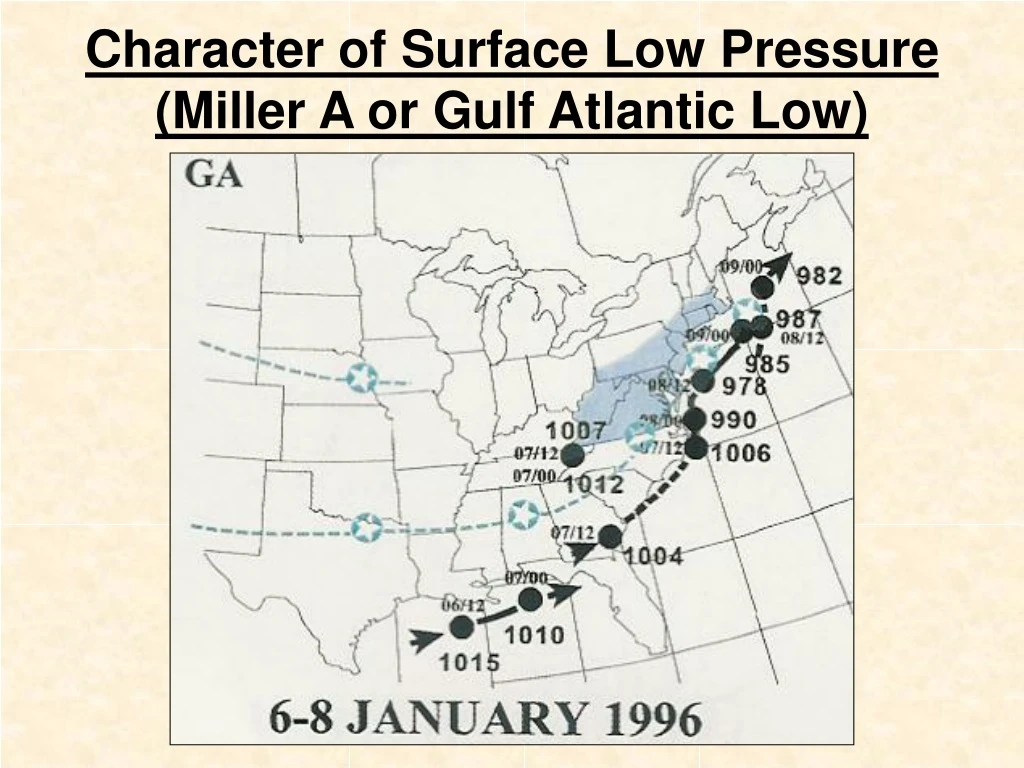 character of surface low pressure miller a or gulf atlantic low