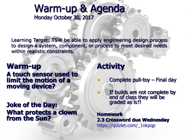 Warm-up &amp; Agenda Monday October 30, 2017