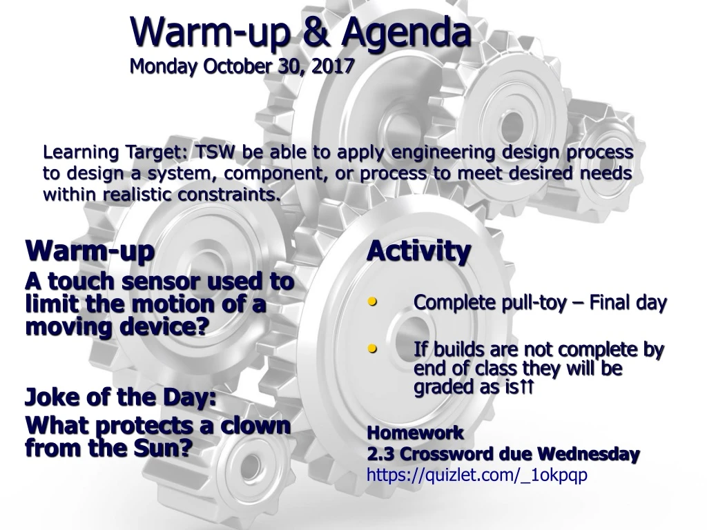 warm up agenda monday october 30 2017