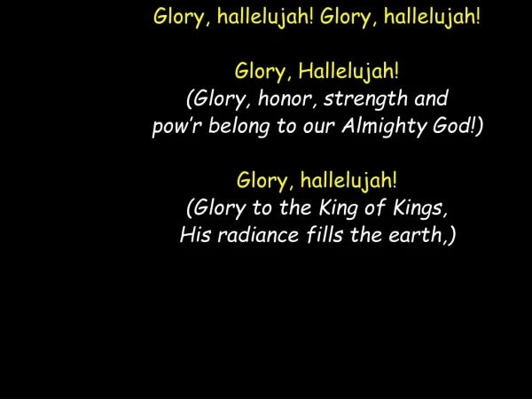 Glory, hallelujah! Glory, hallelujah! Glory, Hallelujah! (Glory, honor, strength and
