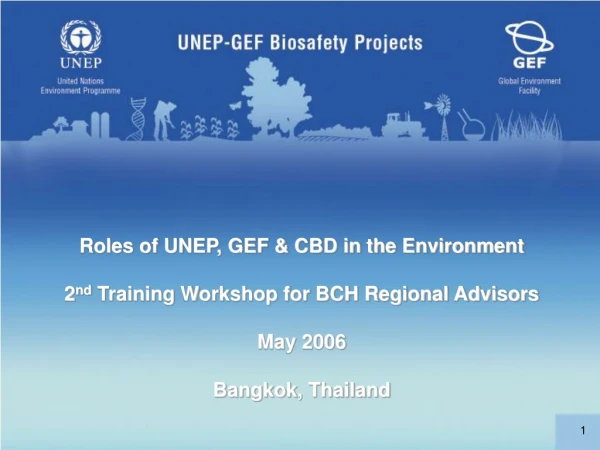 Roles of UNEP, GEF &amp; CBD in the Environment  2 nd  Training Workshop for BCH Regional Advisors