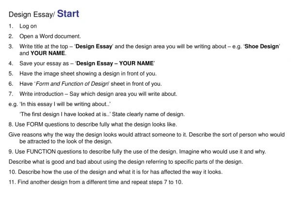 Design Essay/  Start Log on Open a Word document.
