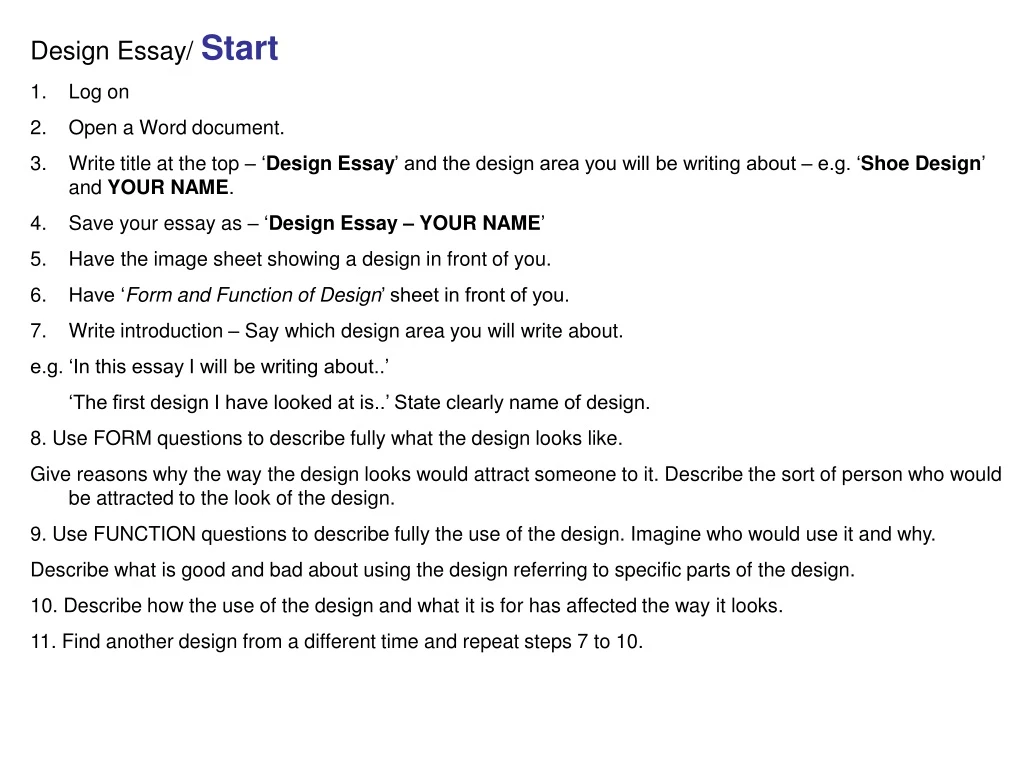 design essay start log on open a word document