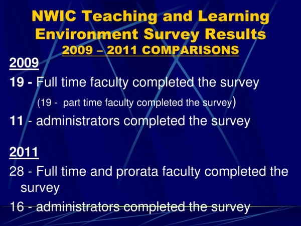 NWIC Teaching and Learning Environment Survey Results 2009 – 2011 COMPARISONS