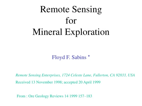 Remote Sensing  for  Mineral Exploration