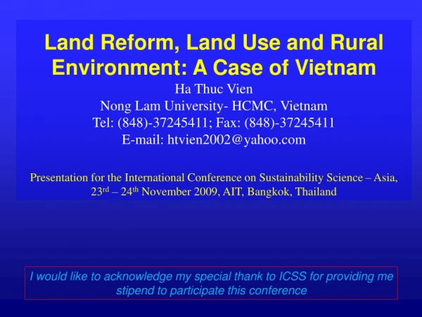 Land Reform, Land Use and Rural Environment: A Case of Vietnam Ha Thuc Vien