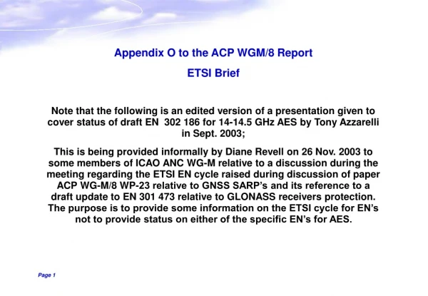 Appendix O to the ACP WGM/8 Report ETSI Brief