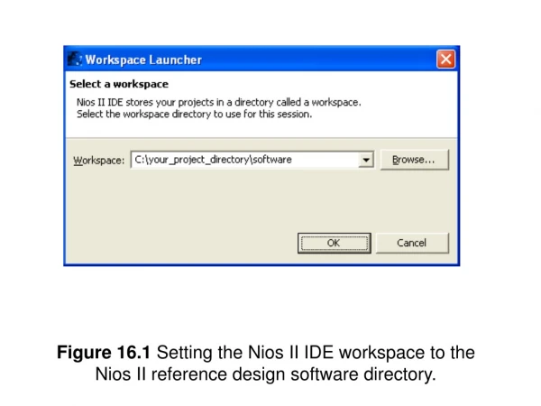 Figure 16.1  Setting the Nios II IDE workspace to the Nios II reference design software directory.