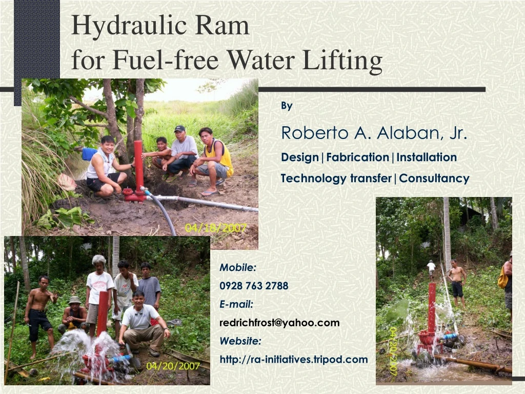 hydraulic ram for fuel free water lifting