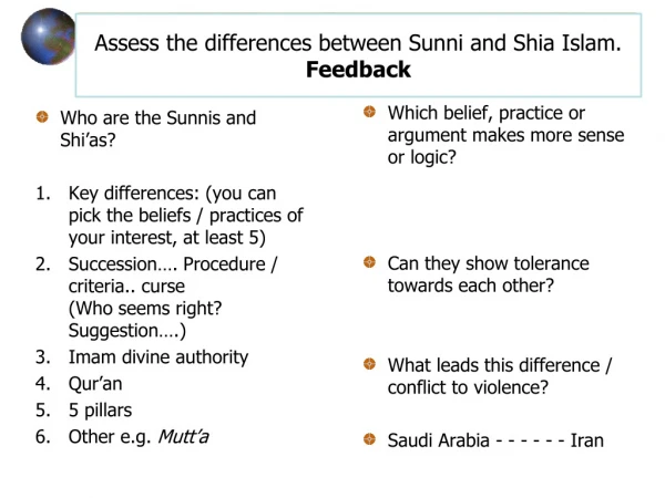 Assess the differences between Sunni and Shia Islam. Feedback