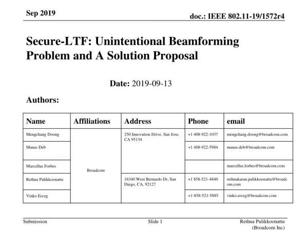 Secure-LTF: Unintentional  Beamforming  Problem and A Solution Proposal