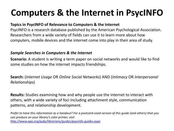 Computers &amp; the Internet in PsycINFO