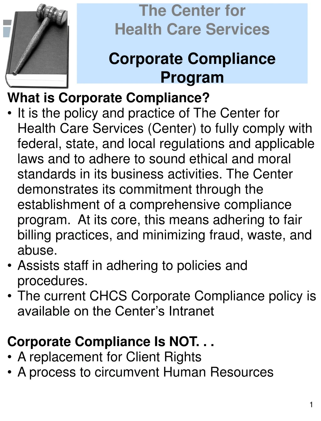 the center for health care services corporate compliance program